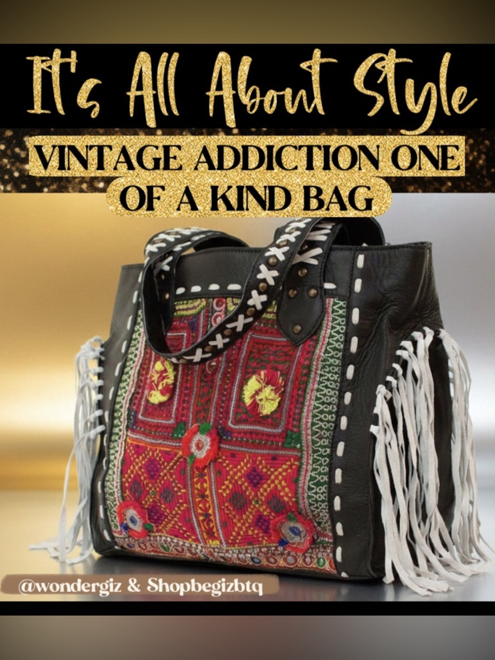 Vintage Addiction Black Leather & Vintage Fabric Tote Bag EUC Price Firm